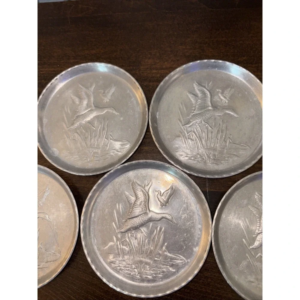 Vtg Round Aluminum Pressed Metal Duck Marsh Scene Coasters 3.25